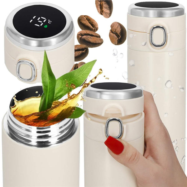 Cana termos Smart, inox, display LED, afisare temperatura, 420ml, 20cm, crem