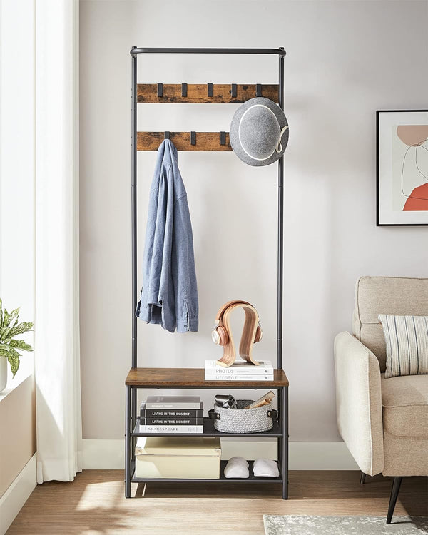 VASAGLE Cuier cu rafturi depozitare pantofi si ​​bara suspendata, industrial, 32x64x180 cm, maro rustic si negru
