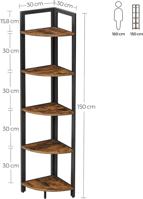 VASAGLE Biblioteca de colt cu 5 etaje, cadru metalic, 150x30x30cm, stil industrial maro rustic si negru
