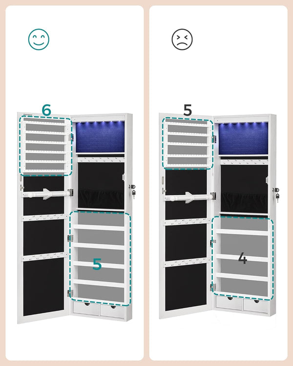 SONGMICS Dulap de bijuterii cu oglinda, montare pe perete, lumini LED, 37x10x120cm, alb