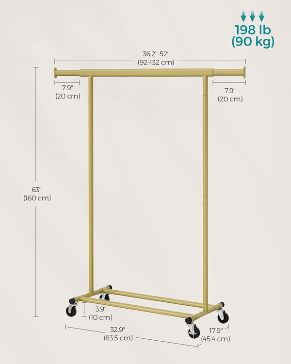 SONGMICS Suport pentru haine cu sina superioara extensibila, pe roti, reglabil pe latime, 45x(92-132)x160cm, auriu