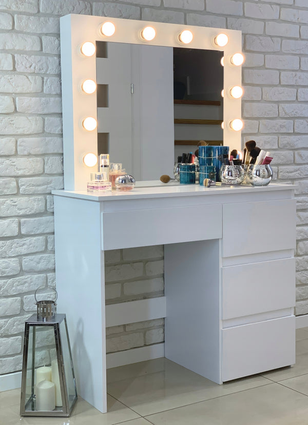 Masa de toaleta si machiaj Hollywood Pro, alba, cu 4 sertare, oglinda si 12 LED-uri, 94x43x140 cm