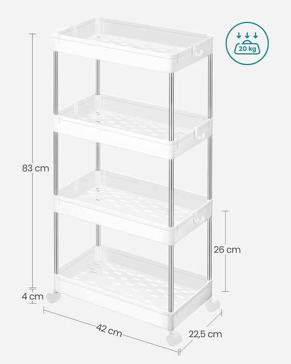SONGMICS Carucior de depozitare mobil cu roti, pe 4 niveluri, 40x22x87 cm, alb