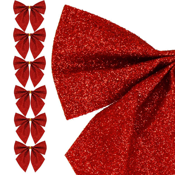 Set 6 ornamente pentru bradul de Craciun, fundita, 8cm, rosu cu sclipici