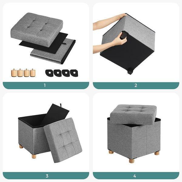 SONGMICS Taburet pliabil cu sezut moale, spatiu de depozitare, maxim 300kg, 38x38x40cm, gri