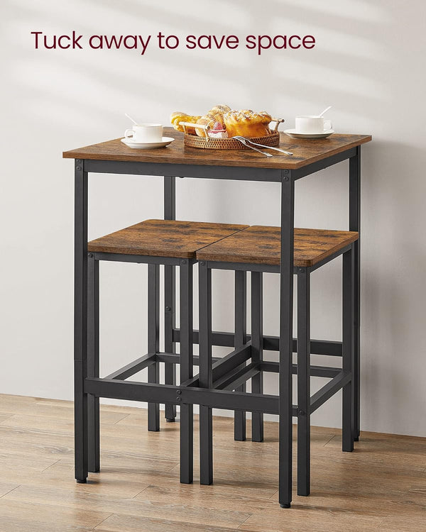 VASAGLE Set masa si scaune de bar, masa 60x60x90cm si 2 scaune 30x40x65cm, stil industrial, maro rustic