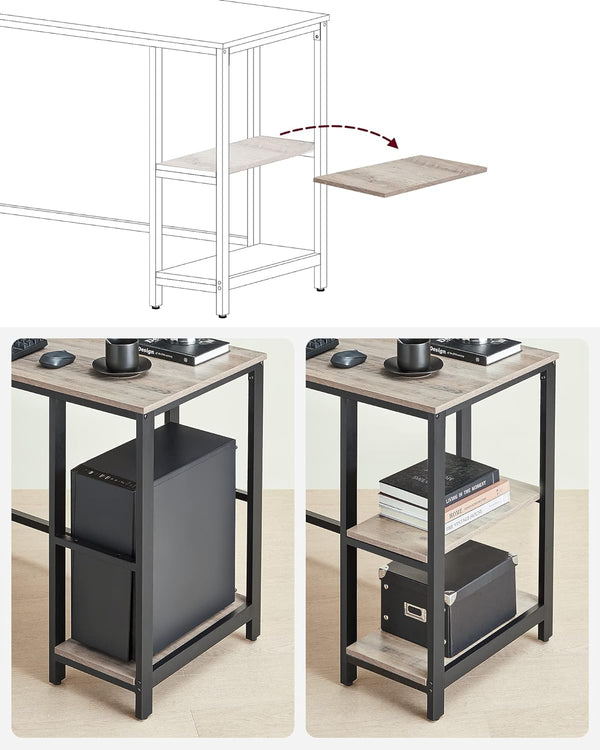 VASAGLE Birou de colt in forma de L, cu 2 rafturi de depozitare, 138x138x75cm, industrial, gri si negru