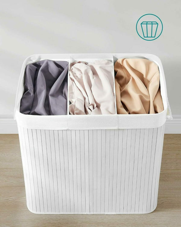 SONGMICS Cos de rufe din bambus, pliabil, cu captuseala detasabila lavabila, 3 compartimente, 150L, 60x40x62cm, alb