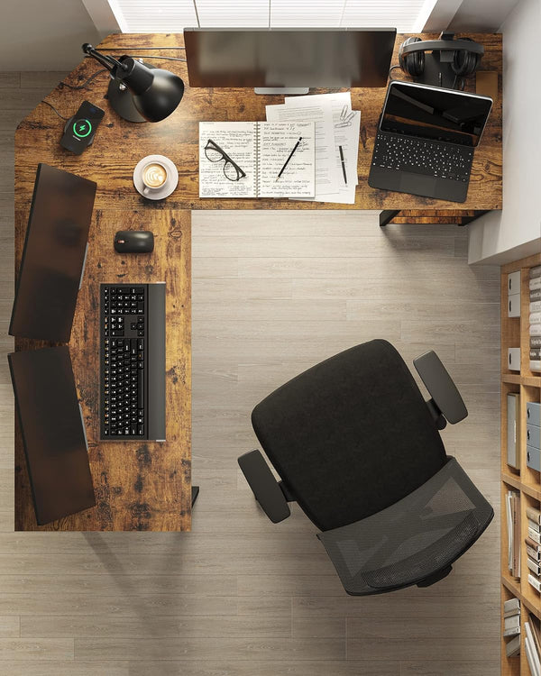 VASAGLE Birou de colt in forma de L, cu 2 rafturi de depozitare, 138x138x75cm, industrial, maro rustic si negru