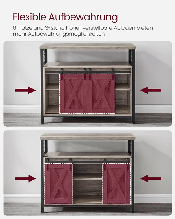 VASAGLE Comoda pentru living sau bucatarie, cu 2 usi glisante, rafturi reglabile, stil rustic, 33x100x80cm, gri