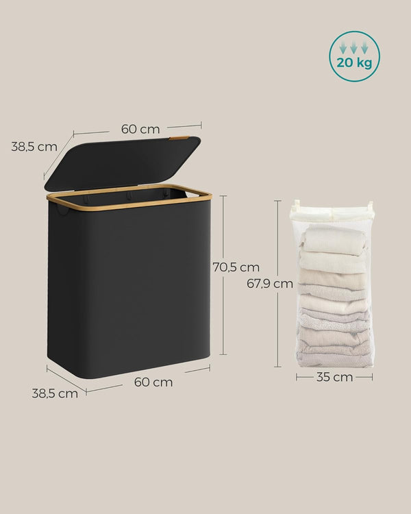 SONGMICS Cos de rufe textil, pliabil, cu 3 compartimente detasabile, 150L, 60x39x71 cm, negru