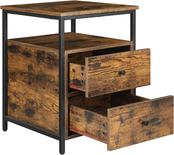 VASAGLE Noptiera cu compartiment deschis, 2 sertare, stil industrial, 45x45x60cm, maro rustic si negru
