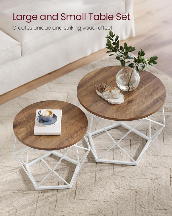 VASAGLE Set de 2 mese de cafea rotunde, cadru otel si blat detasabil, 40cm si 50cm, alb si maro