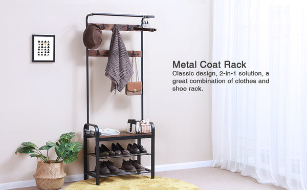 VASAGLE Cuier pentru haine, cu banc depozitare pantofi, 9 carlige detasabile, sina pentru haine, 34x77x183cm, industrial, maro rustic si negru