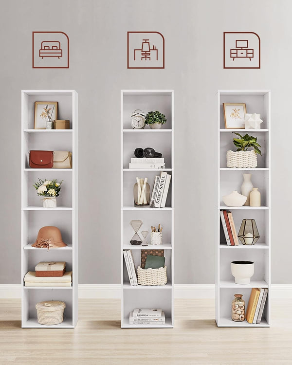 VASAGLE Biblioteca verticala 40x24x179 cm, 6 rafturi din care 4 reglabile, PAL alb mat