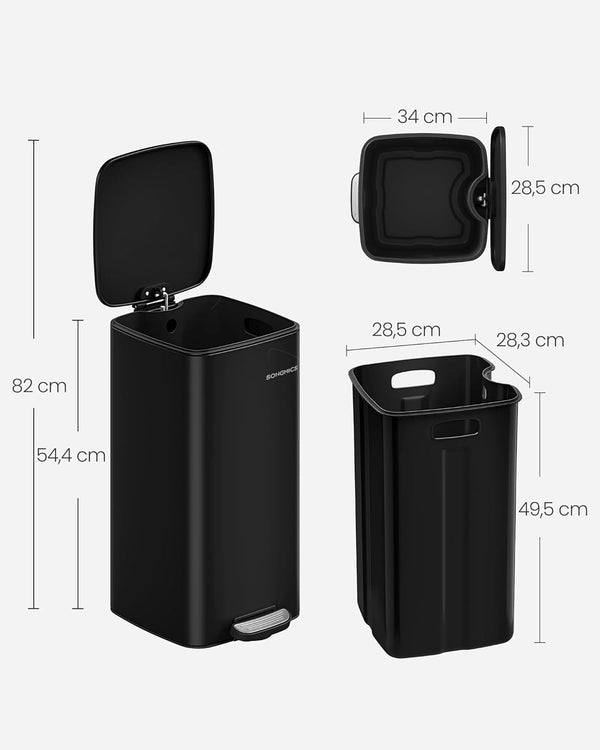 SONGMICS Cos gunoi 34x29x54 cm, 30L, cu pedala, capac silentios si galeata interioara detasabila, negru