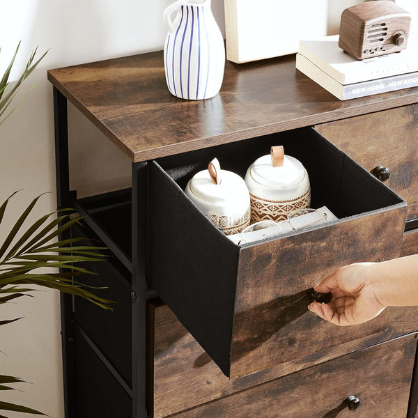 SONGMICS Comoda cu 5 sertare 56x30x89 cm, cadru metalic si blat MDF, manere lemn, maro rustic si negru