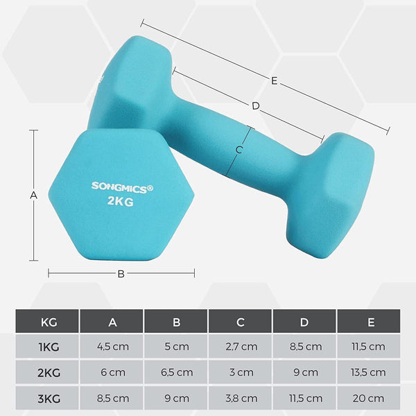 SONGMICS Set de 6 gantere hexagonale cu suport, 2x1 kg 2x2 kg 2x3 kg, multicolor