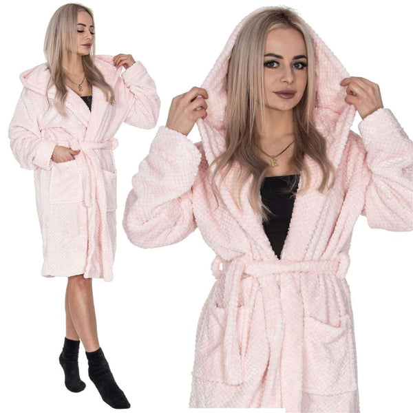 Halat de baie pentru femei pana la genunchi, cu gluga, marimea L/XL, roz