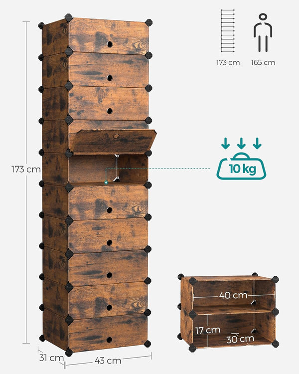 SONGMICS Etajera pantofi 43x31x173 cm, 10 compartimente modulare, usa frontala, maro rustic