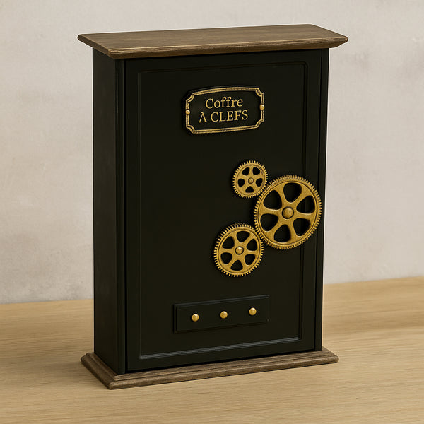 Cutie chei Atmosphera Nikolai cu 9 carlige, MDF si decor vintage seif, 27x38 cm, negru