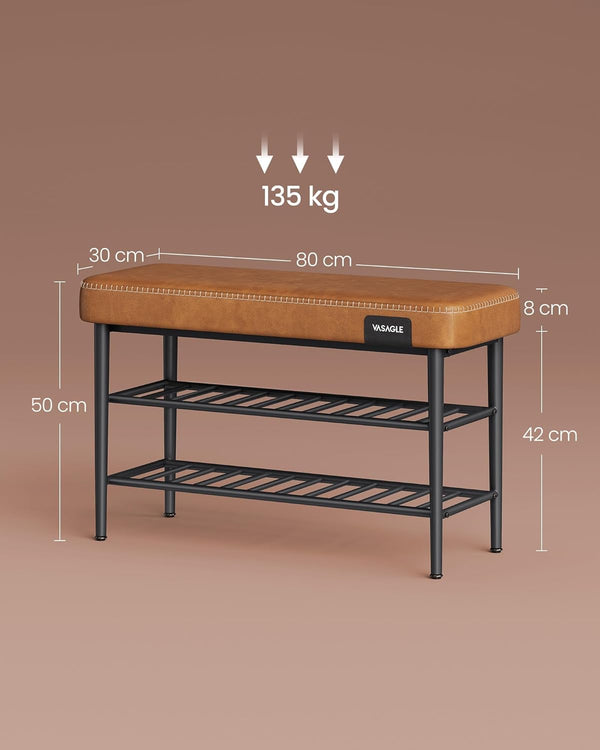 VASAGLE Banca pantofi 80x30x50 cm, cu rafturi si sezut tapitat, otel si piele PU, maro caramel