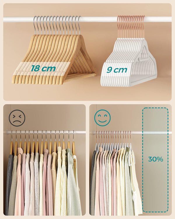 SONGMICS Set de 30 de umerase pentru haine, anti-alunecare cu catifea, bara de cravata si carlig pivotant, 43,5 cm, alb