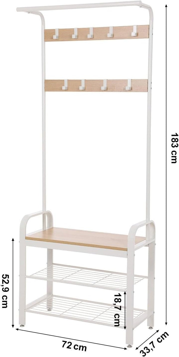 VASAGLE Cuier pentru haine cu banca de depozitare a pantofilor, cu 9 carlige detasabile, o sina pentru haine, 34x72x183 cm, modern, stejar si crem