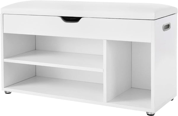 VASAGLE Pantofar cu banca, capitonata, 3 compartimente, sarcina 150 kg, 30x80x44cm, modern, alb