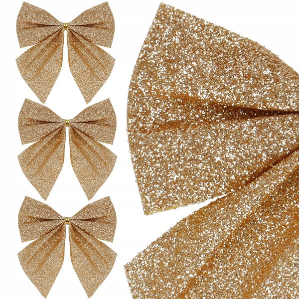 Set 3 ornamente pentru bradul de Craciun, fundita, 11cm, auriu