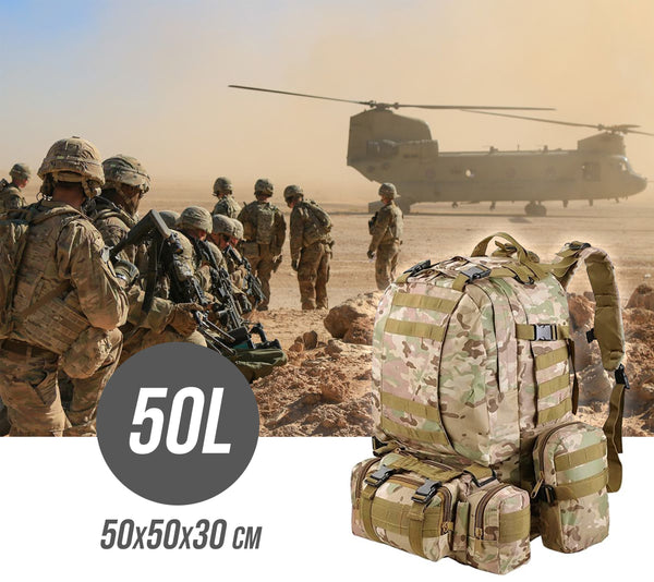 Rucsac militar pentru drumetie, impermeabil, ultra usor, 4 in 1, 50litri, culoare combat camuflaj
