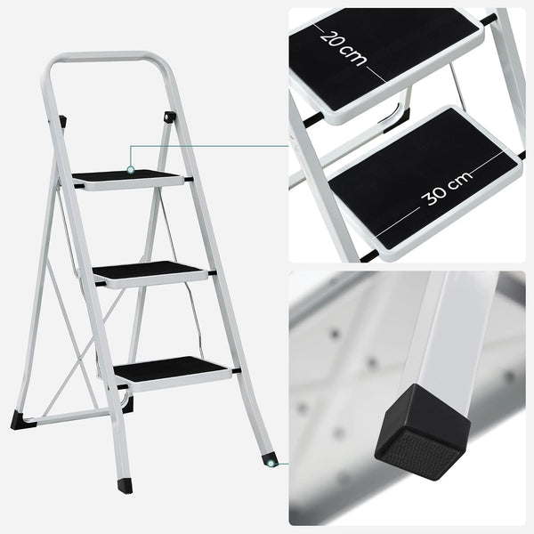 SONGMICS Scara pliabila cu 3 trepte, sarcina 150 kg, otel, 47x75x105 cm, alb si negru