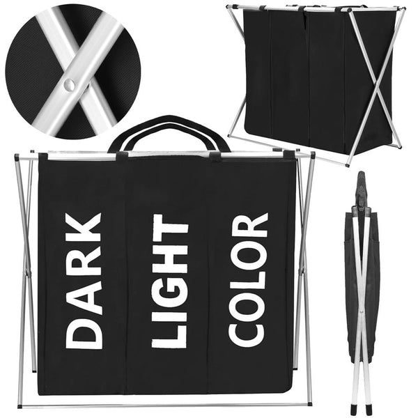 Cos de rufe cu 3 compartimente, cadru aluminiu, 68x40x60cm, 146 litri, negru