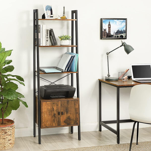 VASAGLE Biblioteca tip scara, cu dulap si 4 rafturi din MDF, stil industrial, 34x56x172cm, maro rustic si negru