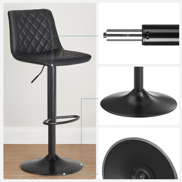 SONGMICS Set de 2 scaune de bar, cu spatar, reglabile in inaltime, tapitat cu PU, 47x51x(89-109)cm, negru