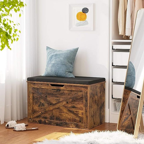 VASAGLE Banca pentru pantofi cu perna, tip cufar de depozitare, stil hambar, 76x40x48cm, maro rustic