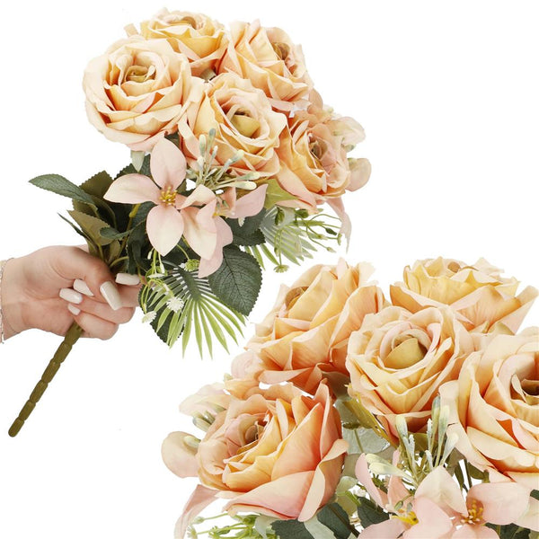 Buchet de flori artificiale din poliester, 9 fire trandafiri, 40cm, roz