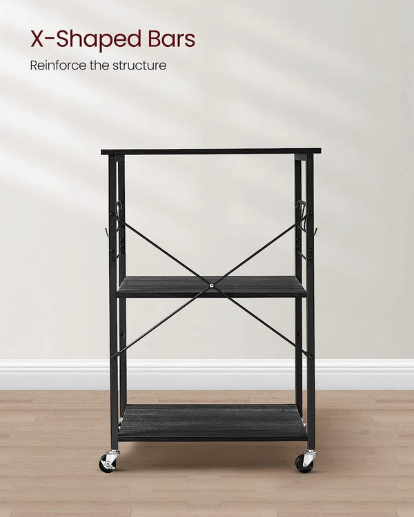 VASAGLE Raft de bucatarie pe roti, carucior de servire cu 3 rafturi, cadru metalic, 40x60x89 cm, design industrial, negru