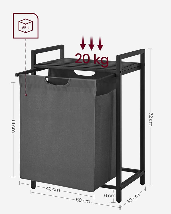 VASAGLE Cos de rufe, sac de rufe detasabil, raft, cadru metalic, 65L, 50x33x72 cm, negru si gri