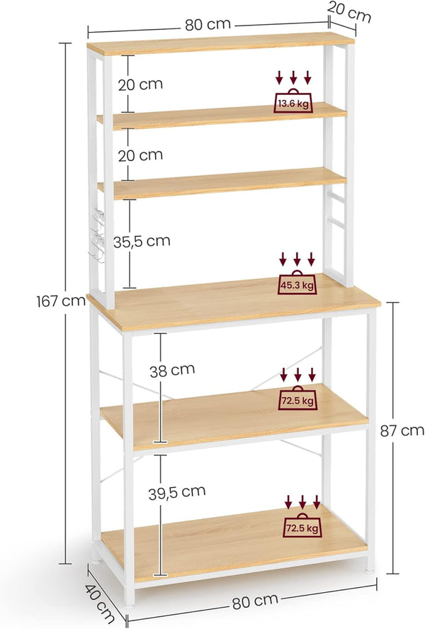 VASAGLE Raft de bucatarie cu spatiu pentru cuptorul cu microunde, 6 rafturi, otel, industrial, 40x80x167cm, maro stejar si alb