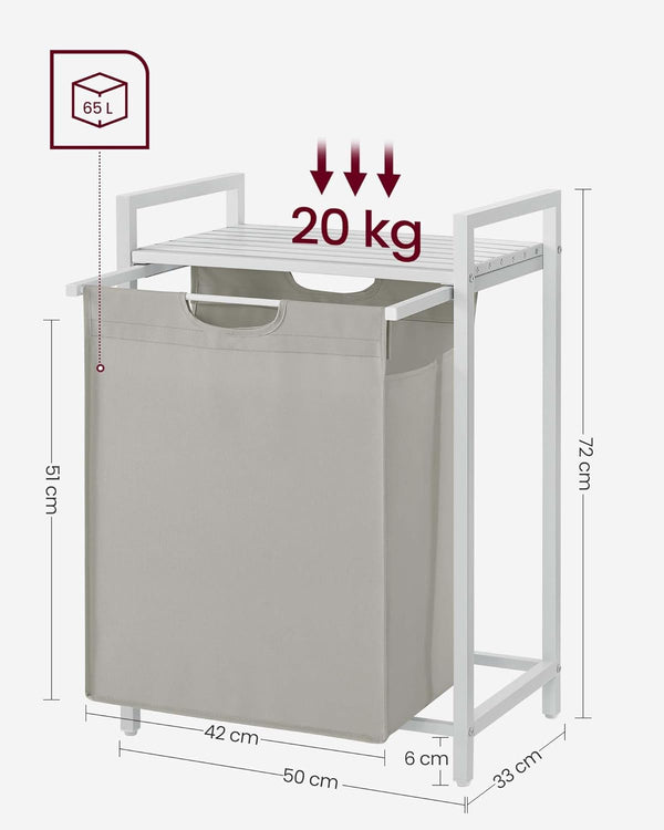 VASAGLE Cos de rufe, sac de rufe detasabil, raft, cadru metalic, 65L, 50x33x72 cm, alb