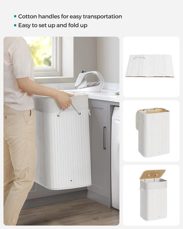 SONGMICS Cos de rufe din bambus, pliabil, cu captuseala detasabila lavabila, 72L, 40x30x60cm, alb