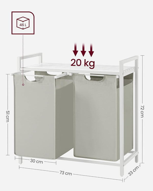 VASAGLE Cos de rufe, 2 compartimente, saci de rufe detasabili, raft, cadru metalic, 2x46L, 73x33x72 cm, alb