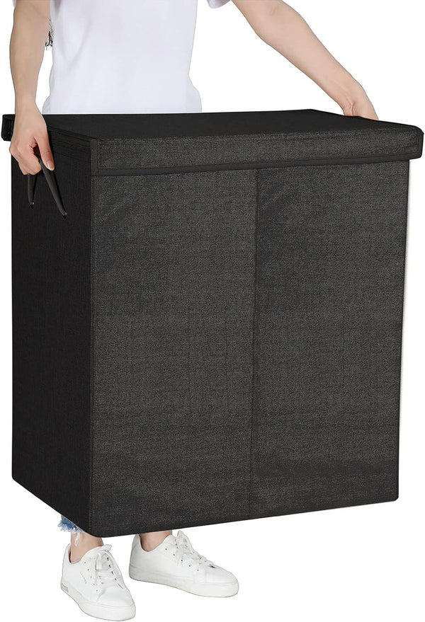 SONGMICS Cos de rufe textil, pliabil, 2 compartimente, saci detasabili, 142L, 60x36x66cm, negru
