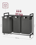 VASAGLE Cos de rufe, 3 compartimente, saci de rufe detasabili, raft, cadru metalic, 3x38L, 93x33x72 cm, negru