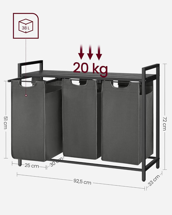 VASAGLE Cos de rufe, 3 compartimente, saci de rufe detasabili, raft, cadru metalic, 3x38L, 93x33x72 cm, negru
