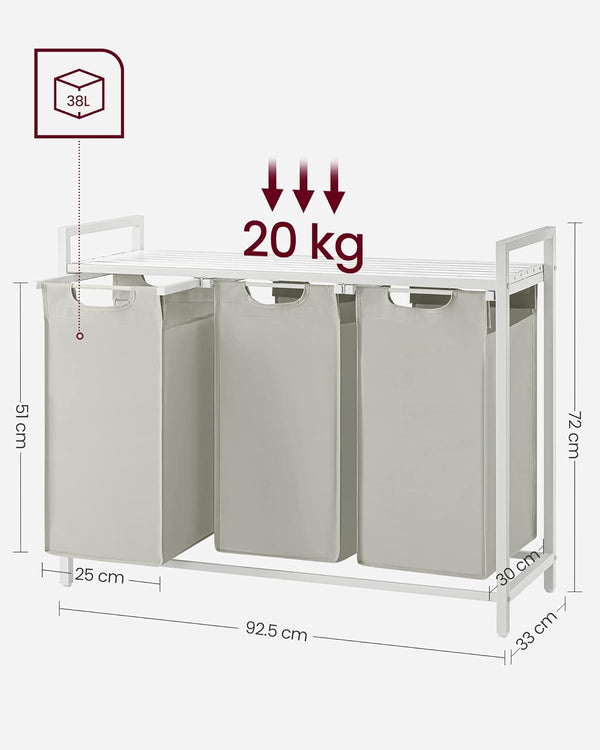 VASAGLE Cos de rufe, 3 compartimente, saci de rufe detasabili, raft, cadru metalic, 3x38L, 93x33x72 cm, alb