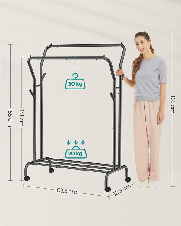 SONGMICS Suport pentru haine pe roti, cu polita, sina dubla, cadru metalic, sarcina 100kg, 53x104x155cm, negru