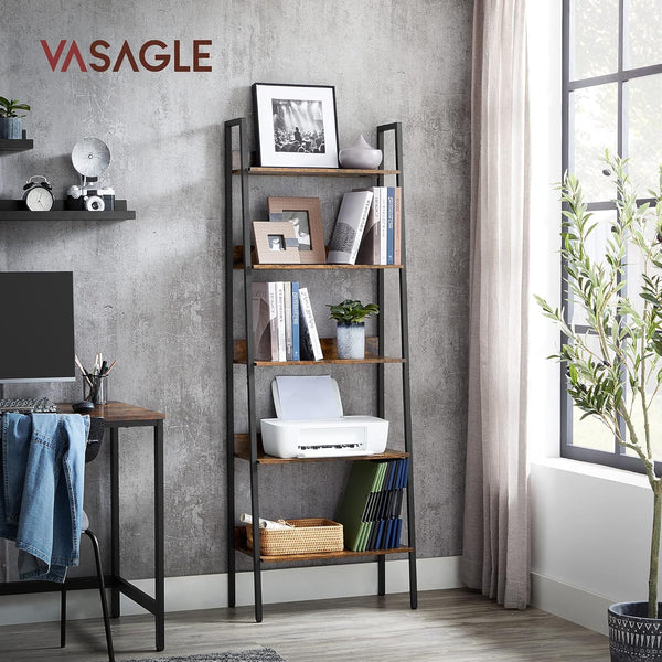 VASAGLE Biblioteca tip scara, cadru otel cu 5 polite, stil industrial, 60x30x170 cm, maro
