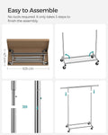 SONGMICS Suport pentru haine cu sina superioara extensibila, pe roti, reglabil pe latime, 45x(92-132)x160cm, inox argintiu